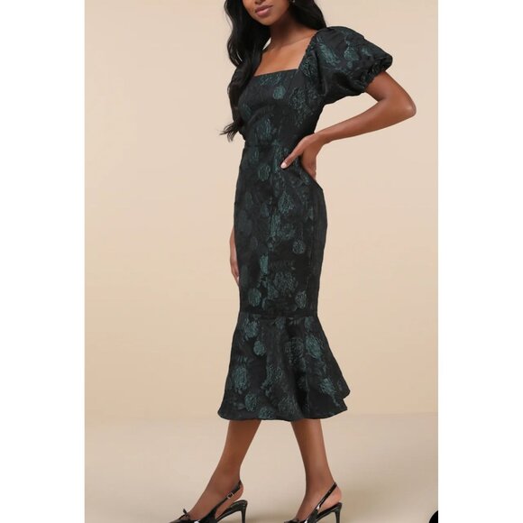 Lulus Majorly Fabulous Black and Emerald Trumpet Midi Dress Sz Medium Black & Gr - Picture 7 of 16